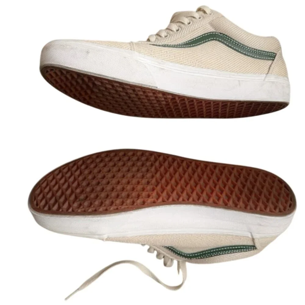 Vans Old Skool Beige Canvas Sneakers with Green Stripe – Size 10